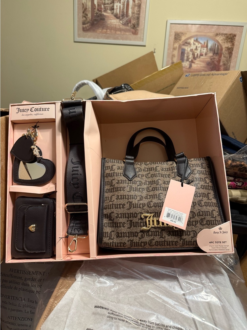 Juicy Couture Brown and Black Logo Mini Satchel 4 piece tote set NWT